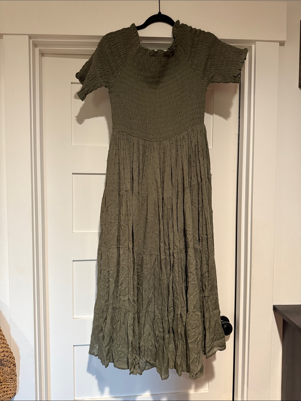 Smocked Olive Green Maxi Dress with Short Sleeves